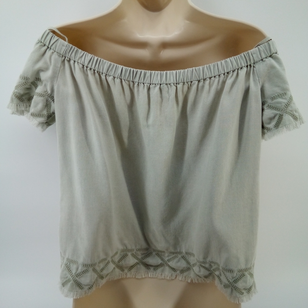Cloth & Stone Mint Green Off the Shoulder Tribal Aztec Fringe Top S - Picture 3 of 12